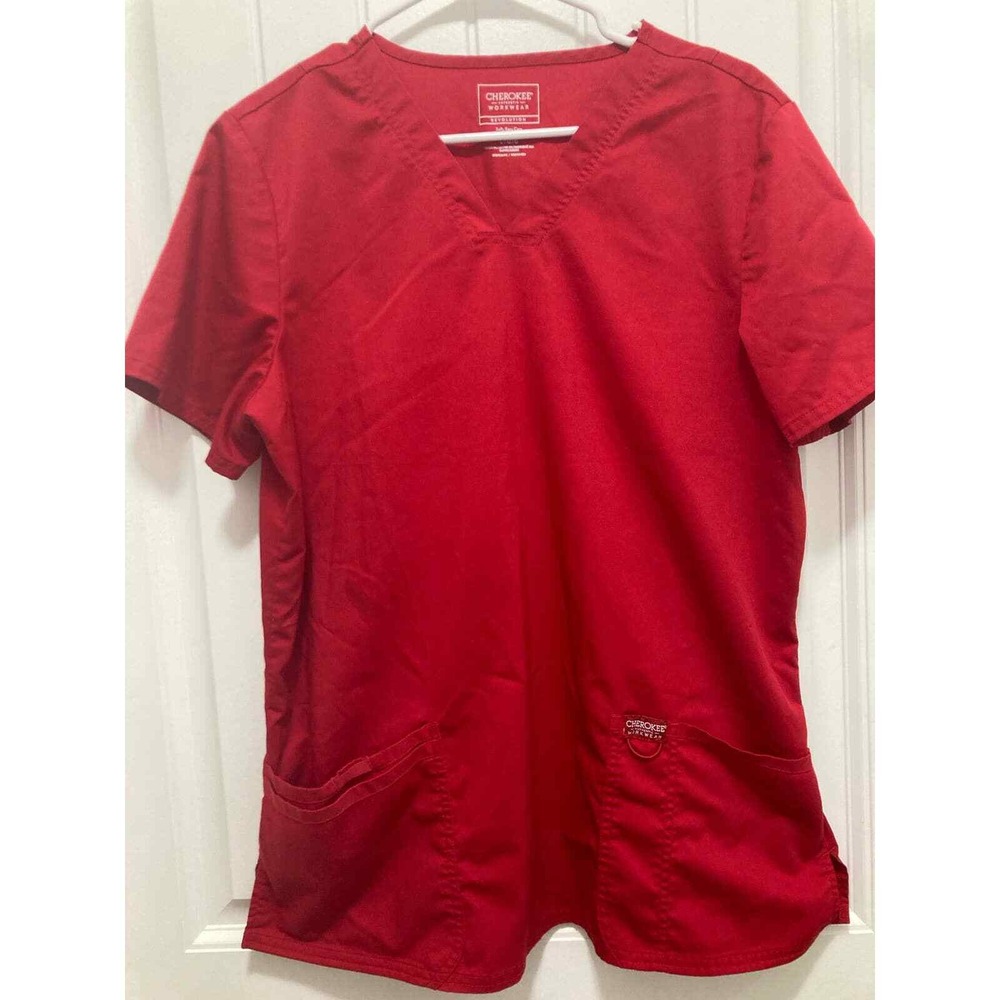 Cherokee Revolution V-Neck Scrub Top Womens Red Large Short Sleeve‎ Pockets